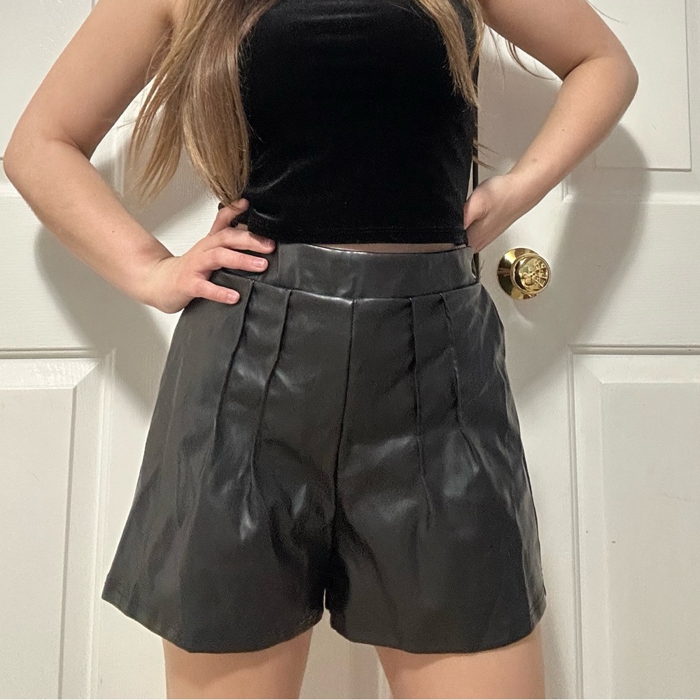 Black faux leather shorts